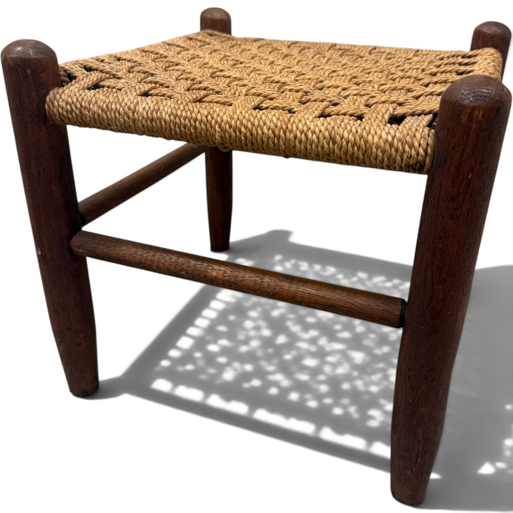 Vintage Woven Rush Seat Wood Stool Footstool English Country Primitive 1970s